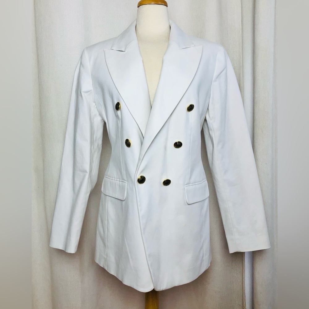 Banana Republic Blazer 12 White Double Breasted Gold Button Career Cotton Jacket - Picture 3 of 16